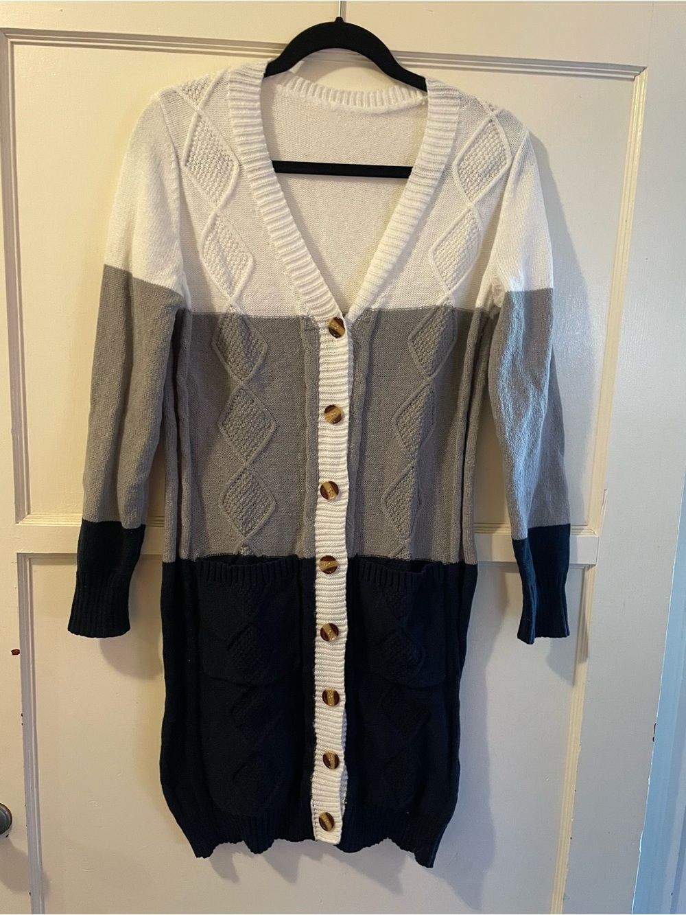 SHEIN White, Gray & Black Colorblock Long Cardigan
